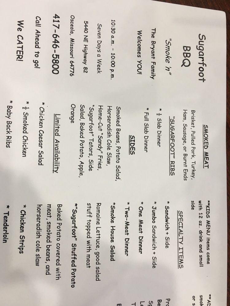 Menu at Sugarfoot BBQ, Osceola, 5305 MO82
