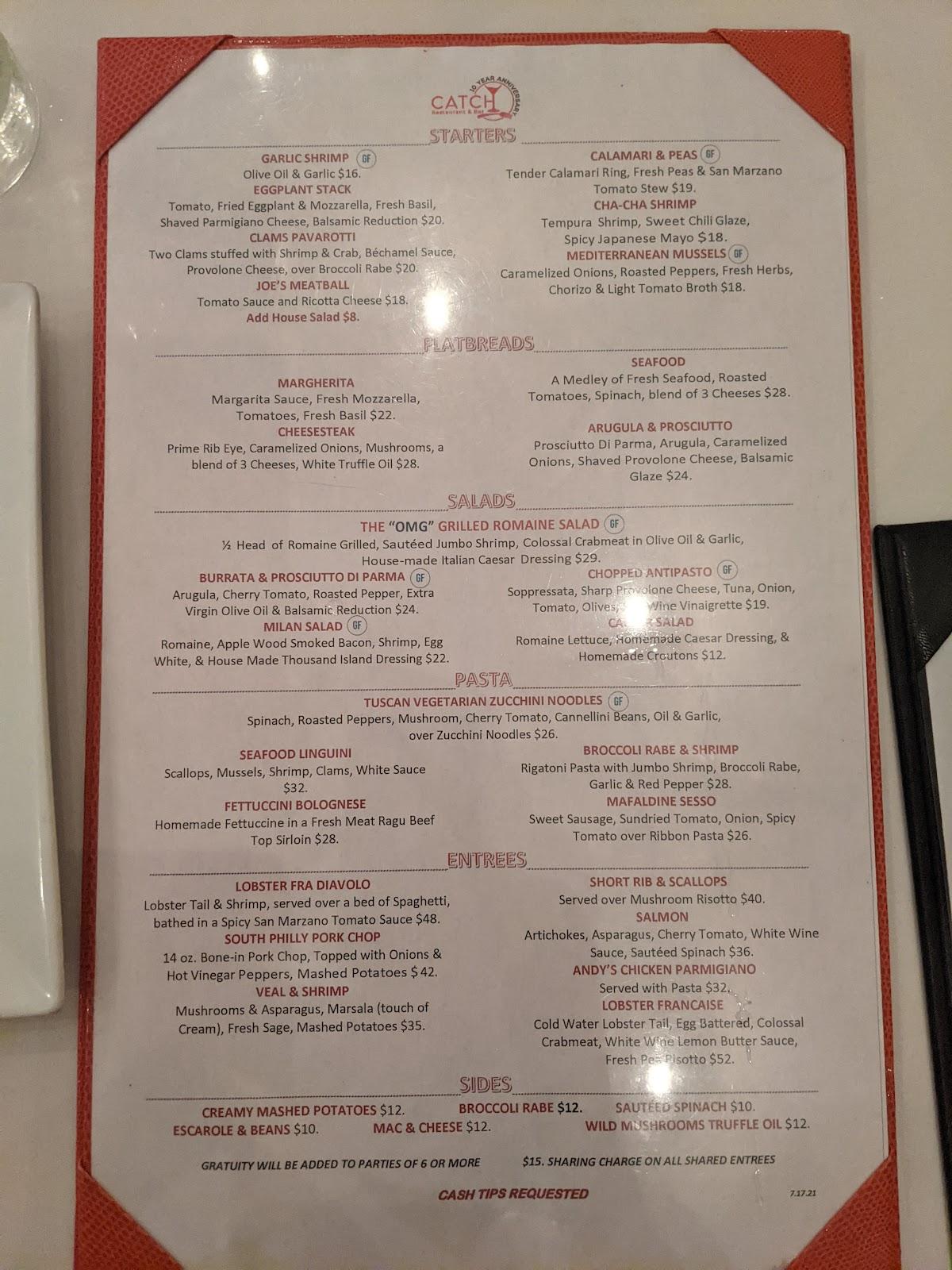 Menu at Catch Restaurant & Bar, Longport, Atlantic Ave