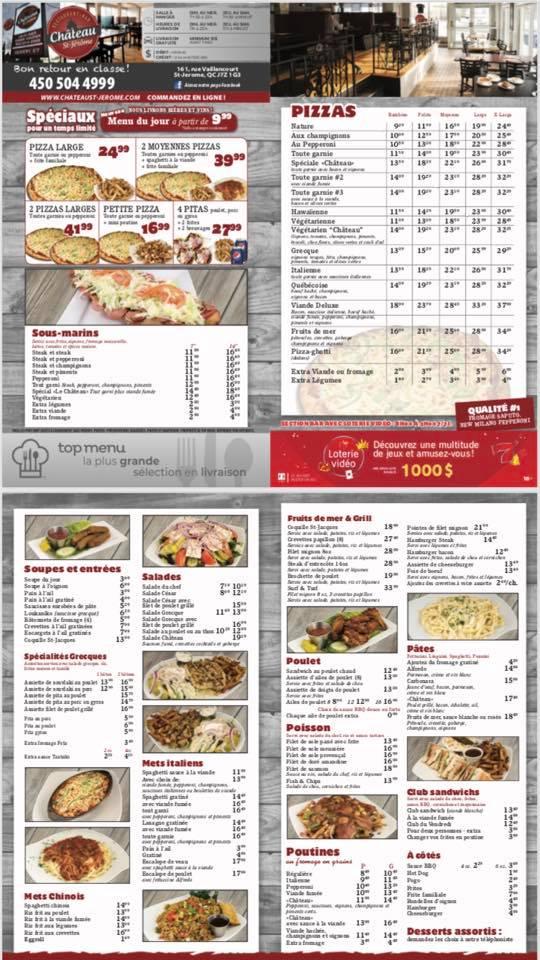 Menu au Château saintjérôme pizzeria, SaintJérôme