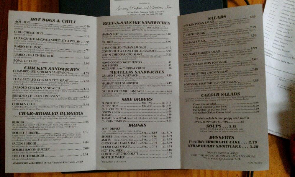 Menu at Portillo's Moreno Valley restaurant, Moreno Valley