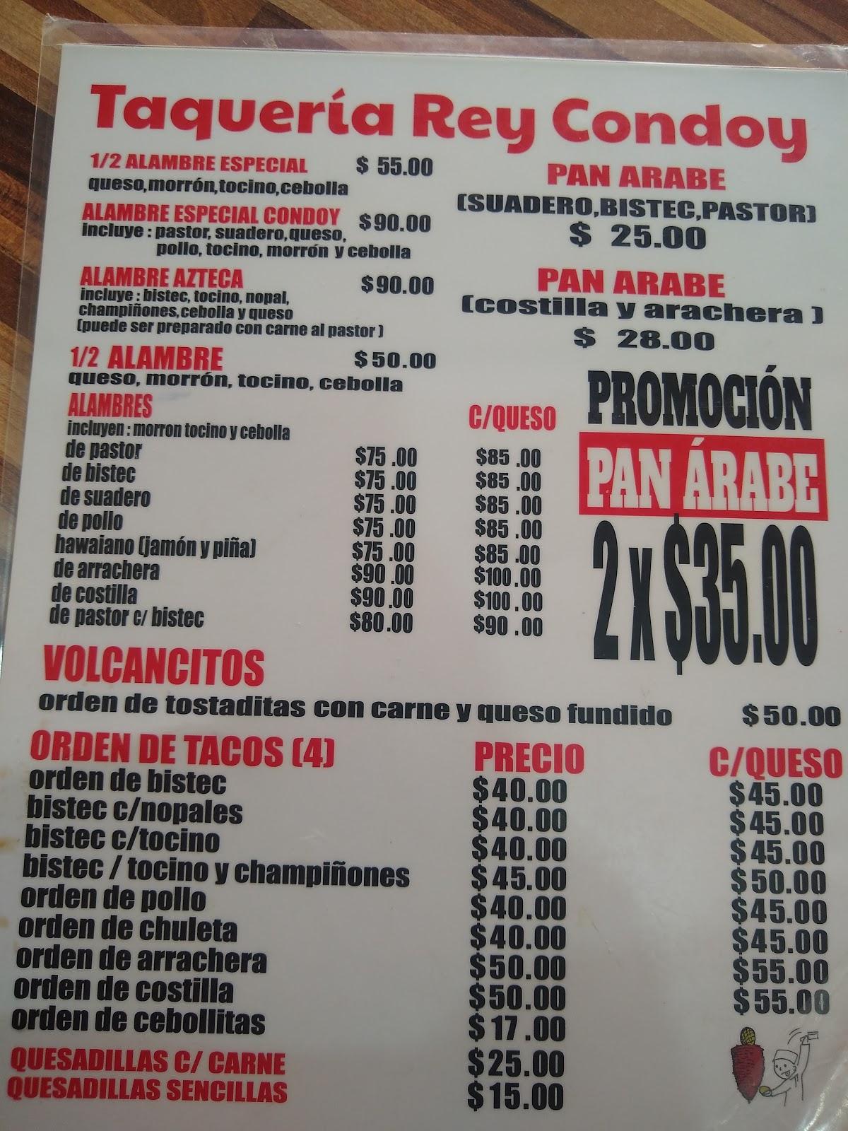 Carta del restaurante Taqueria El Rey Condoy, Ciudad del México, San
