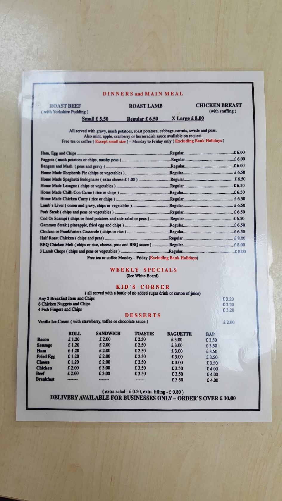 Menu at Willow Cafe, Llanelli
