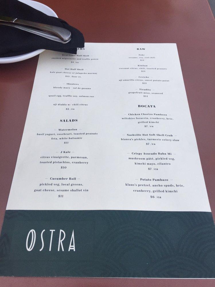 Menu at Ostra restaurant, Louisville