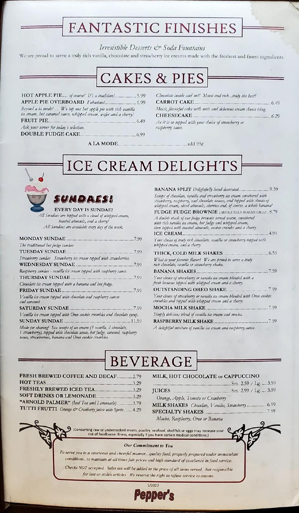 Menu at Pepper's restaurant, Fortuna, 719 S Fortuna Blvd