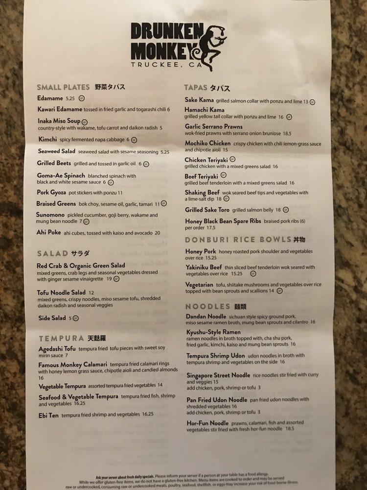 Menu at Drunken Monkey Sushi restaurant, Truckee