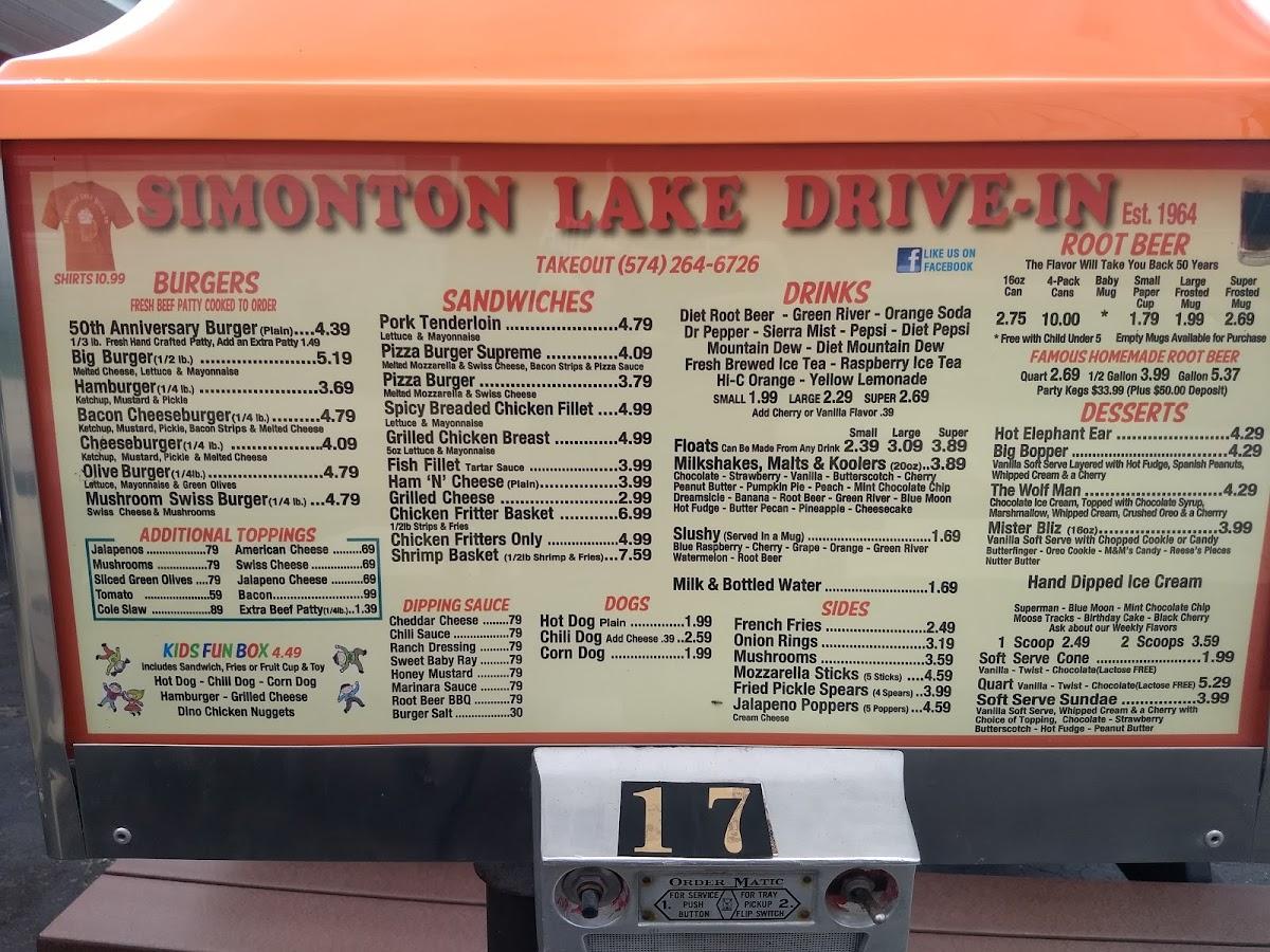 Carta del restaurante Simonton Lake DriveIn, Elkhart