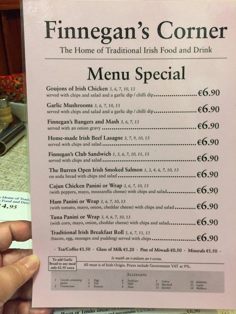 Menu at Finnegans restaurant, Galway