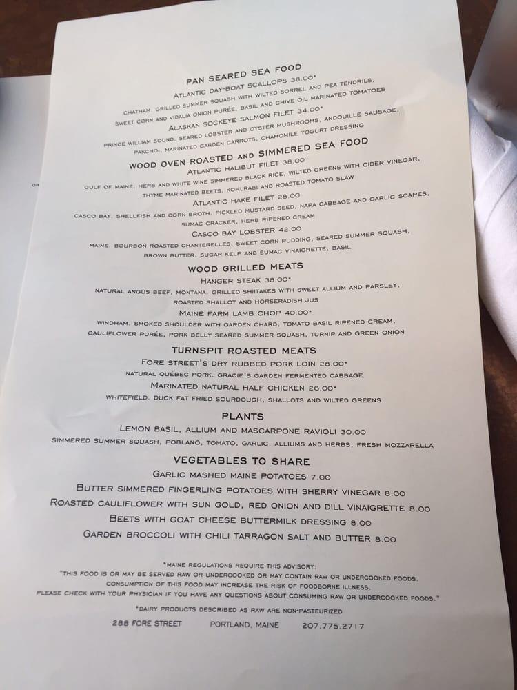 Menu at Fore Street Restaurant, Portland