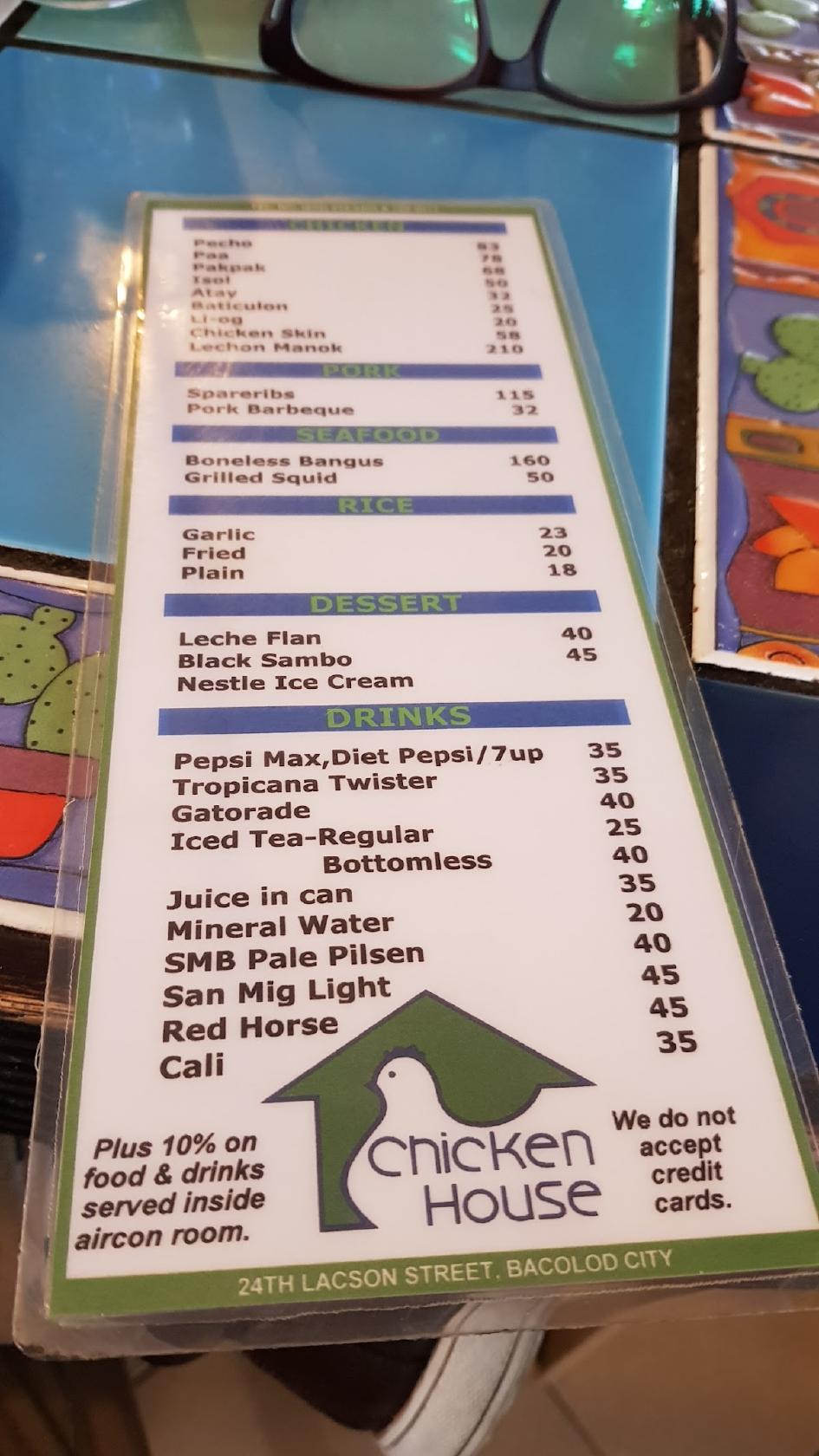 Menu at Chicken House Main Branch restaurant, Bacolod, 24th Lacson St