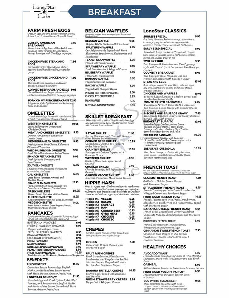 Menu at Lone Star Cafe, Arlington