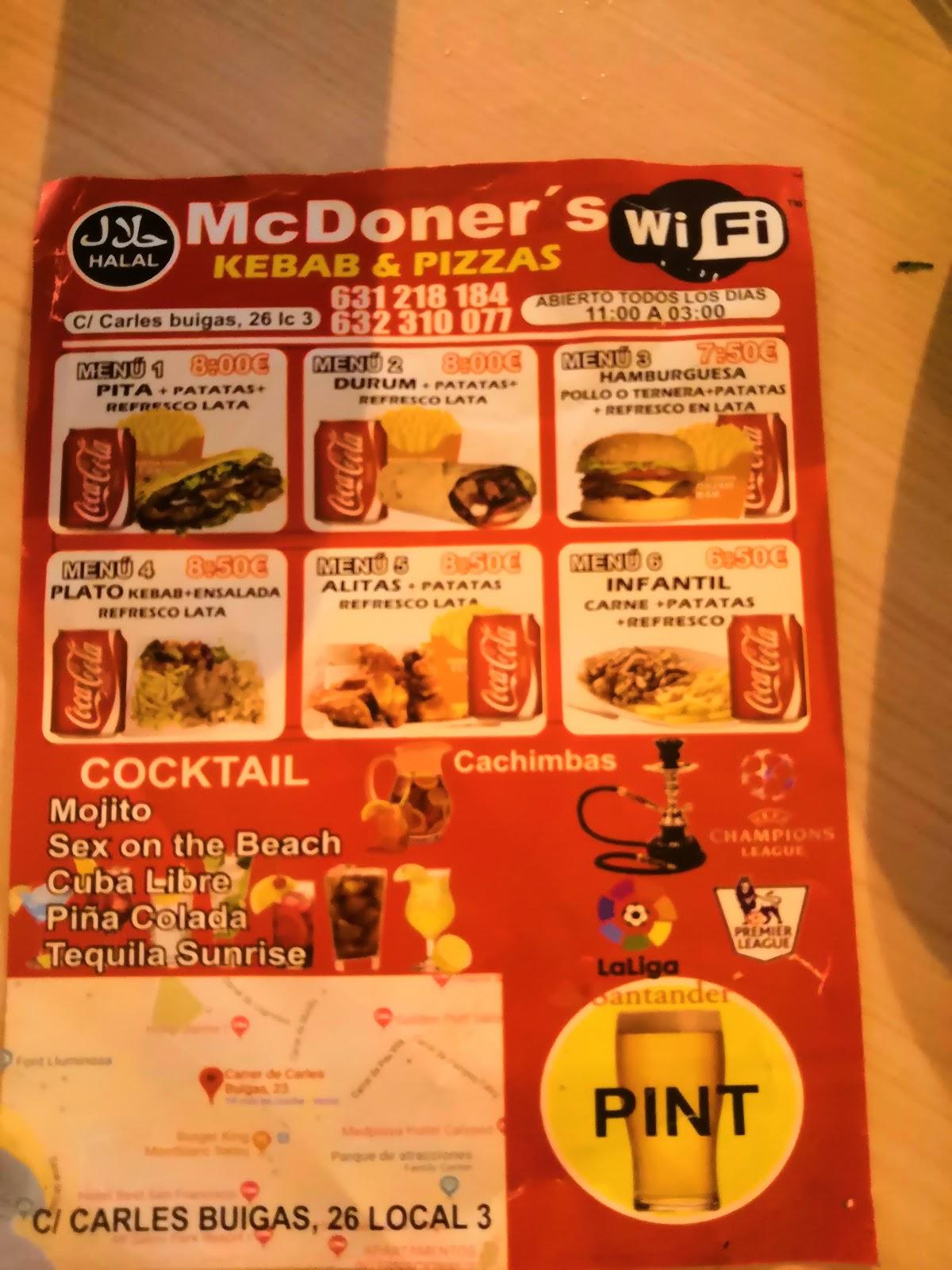 Menu at McDoner's pizzeria, Salou