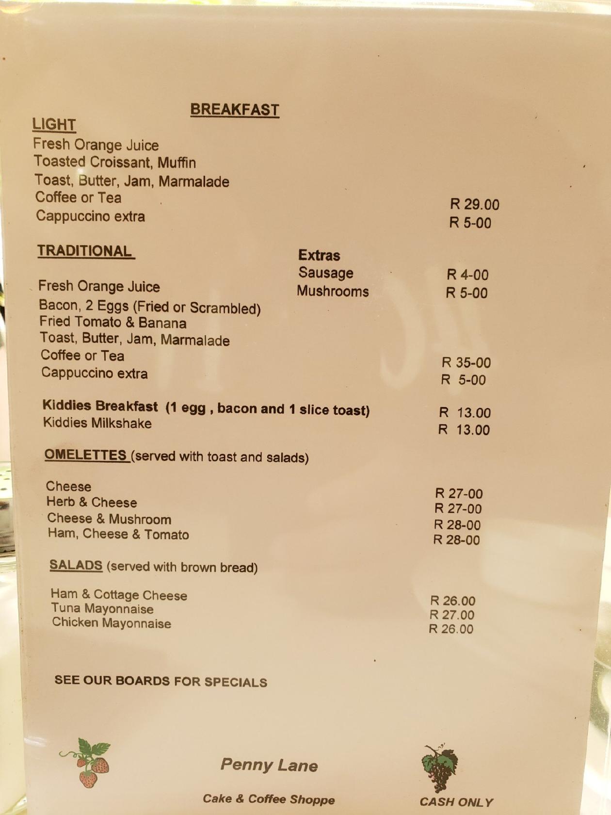 Menu at Penny Lane restaurant, Cape Town, 4 Penny Lane