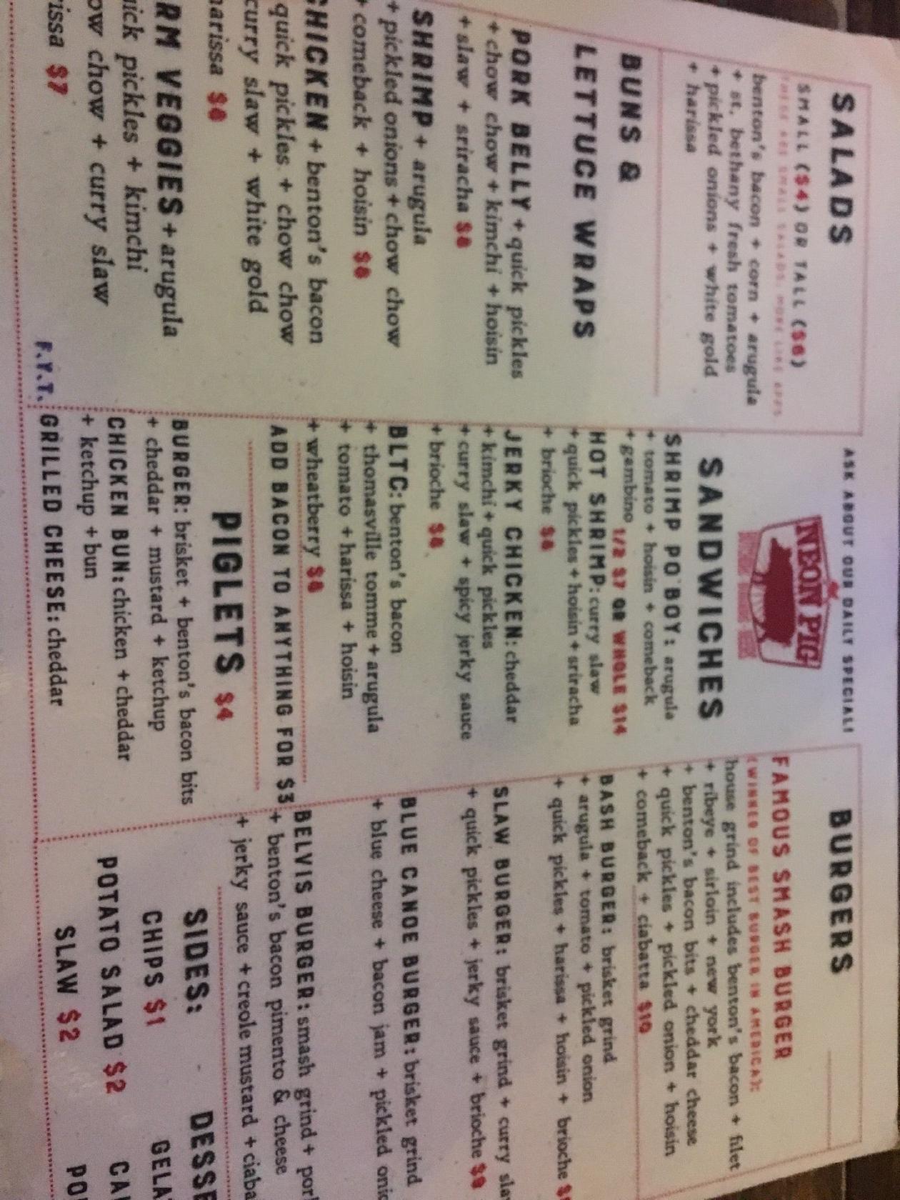 Menu at Neon Pig Tupelo cafe, Tupelo