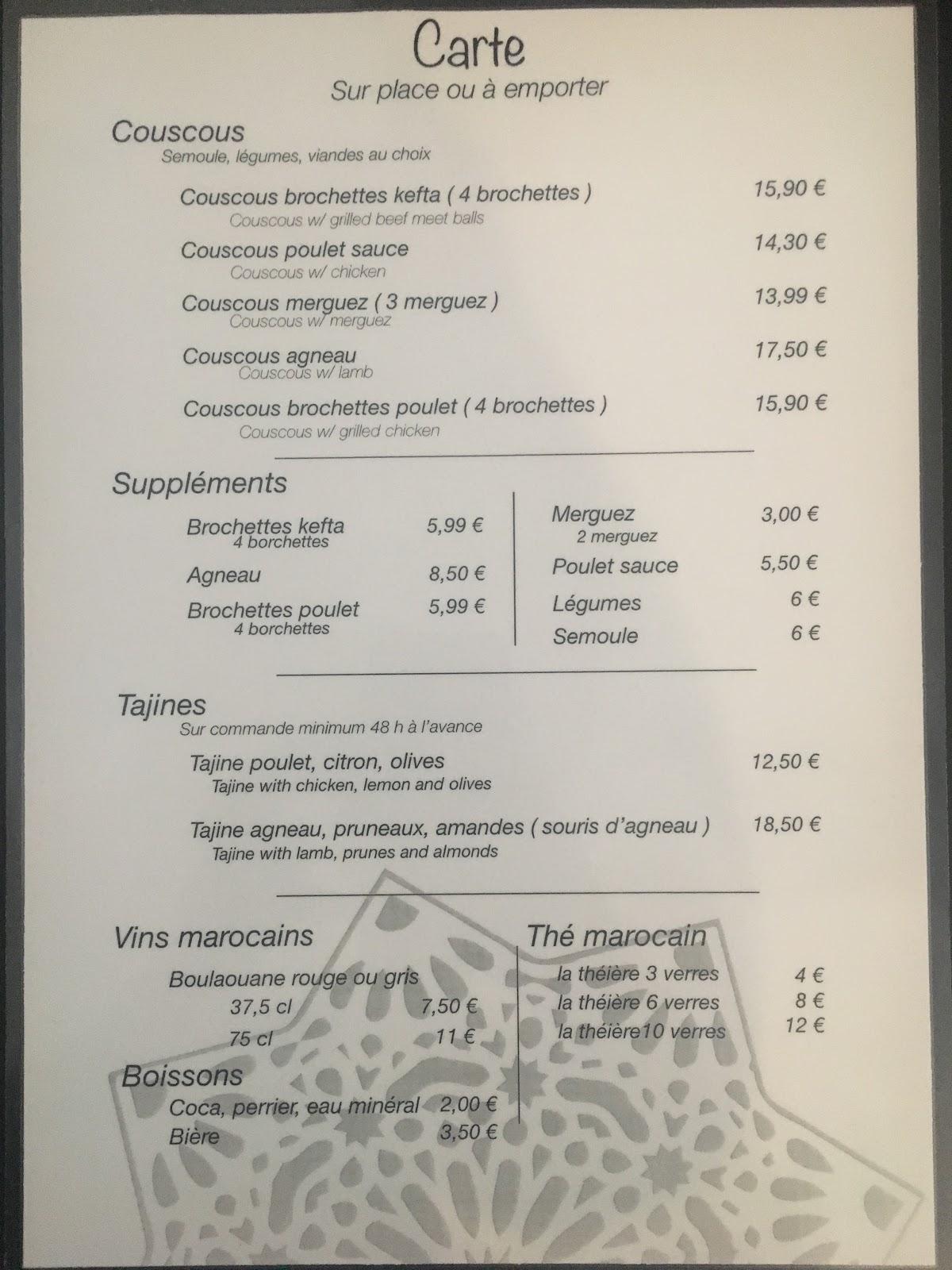 Menu at Couscous Délices restaurant, Rochefort