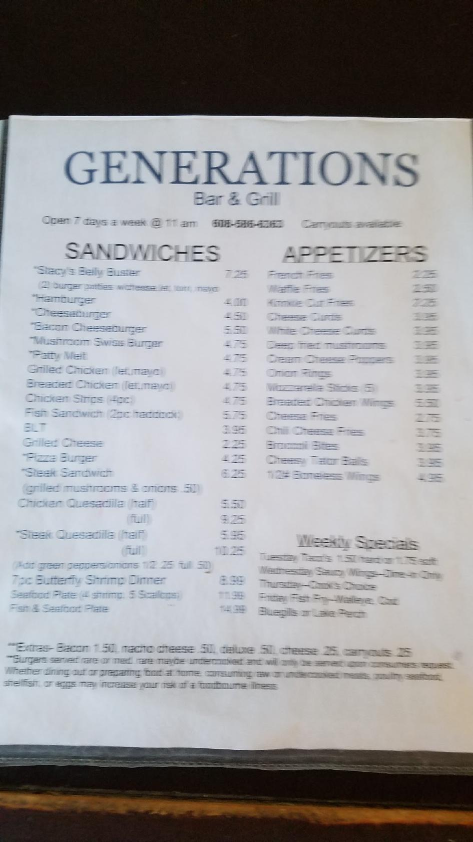 Carta de Generations Bar & Grill, Oxford