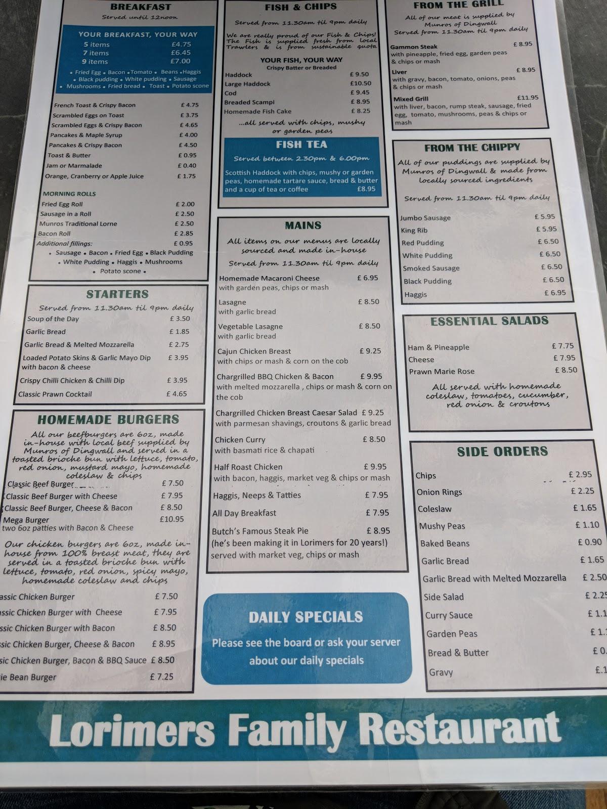 Menu at Lorimers Family Restaurant, Inverness, 1820 Longman Rd