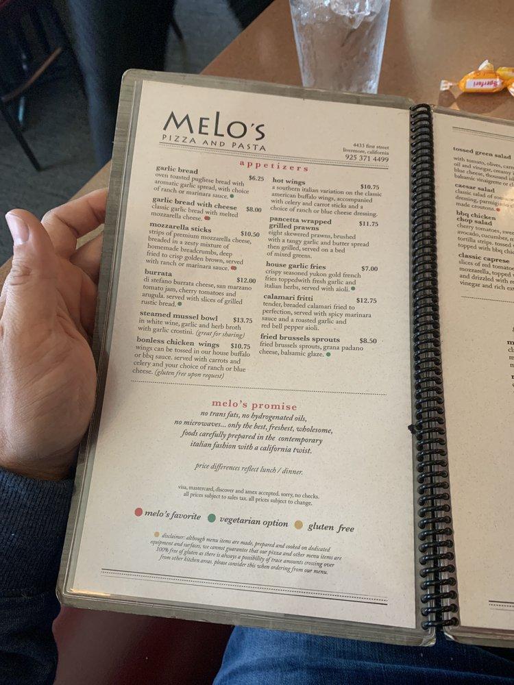 Menu at Melo's Pizza & Pasta Livermore pizzeria, Livermore