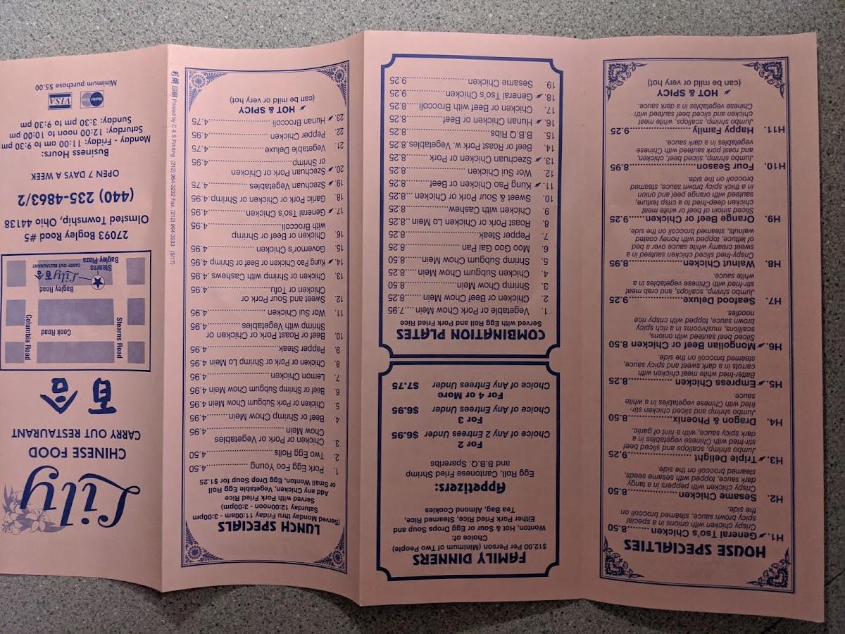 Menu at Lily's Restaurant, Olmsted Falls
