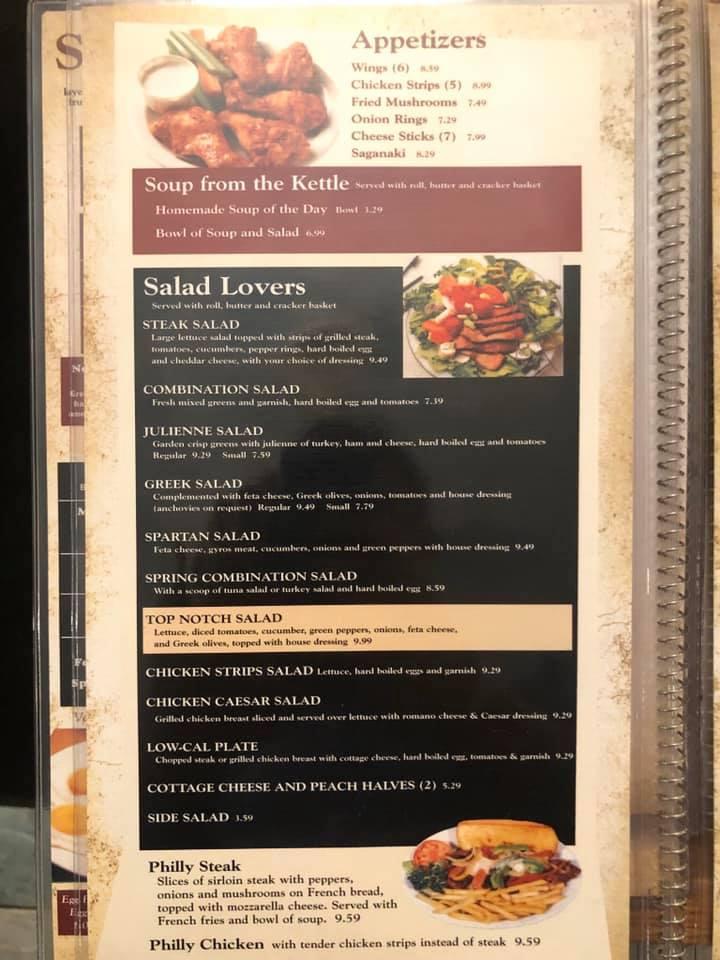 Menu at Top Notch restaurant, South Bend, Lincoln Way W