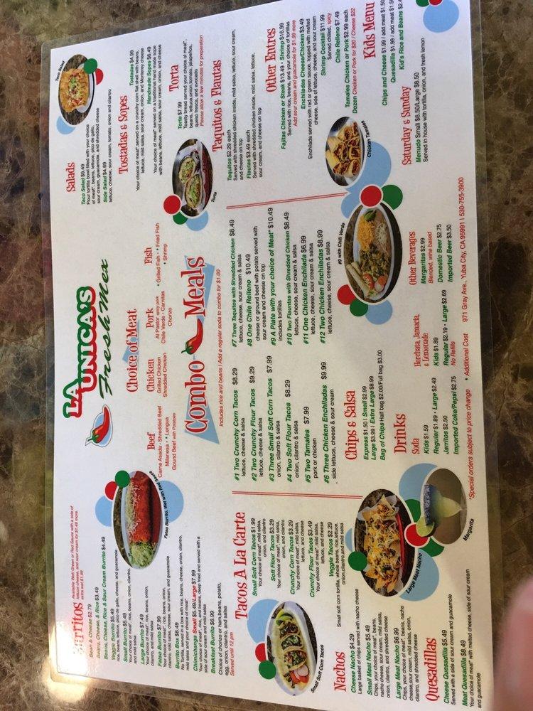 Menu at La Unica's Fresh Mex restaurant, Yuba City