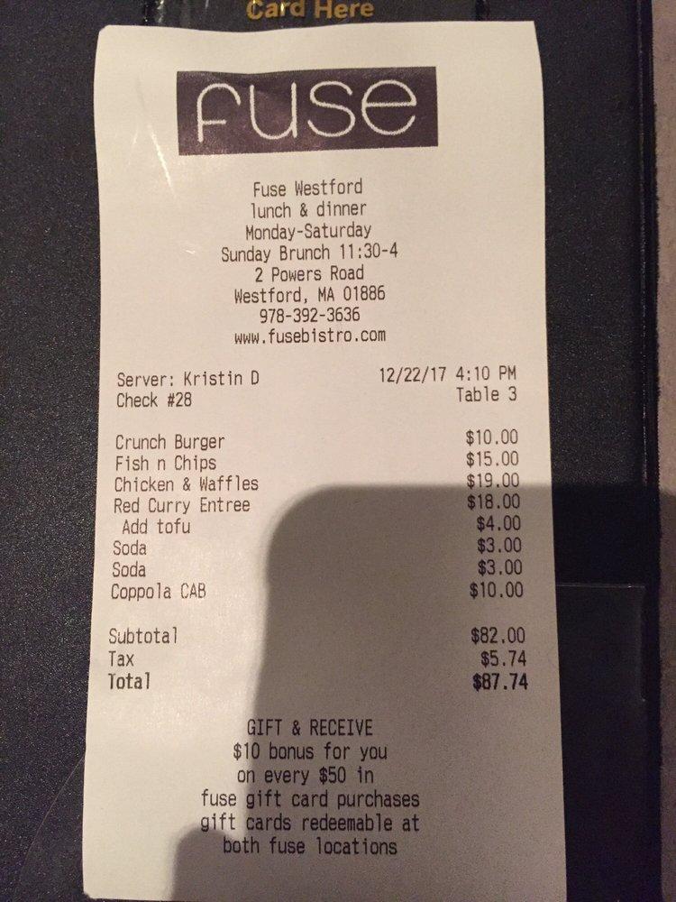 Menu at Fuse Westford restaurant, Westford