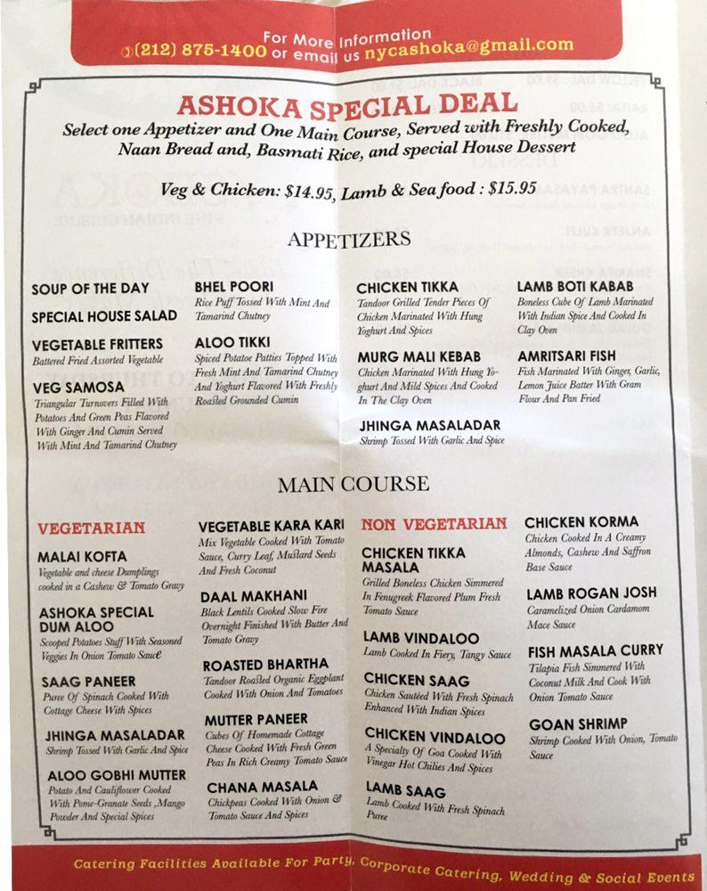 Menu at Ashoka Indian Restaurant, West New York, 489 Columbus Ave