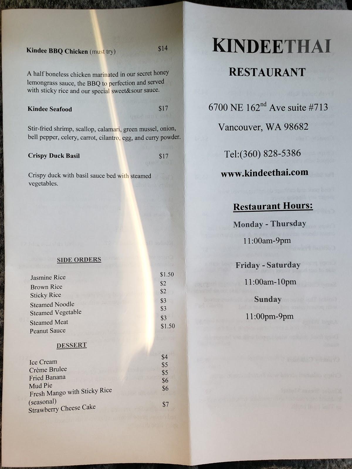 Menu at Kindee Thai Restaurant, Vancouver, NE 162nd Ave #713