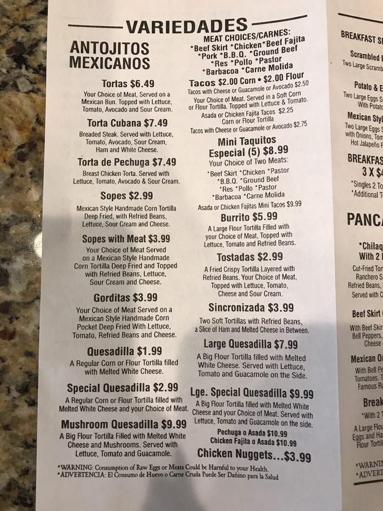 Menu at Taqueria Jaliscienses restaurant, Kyle