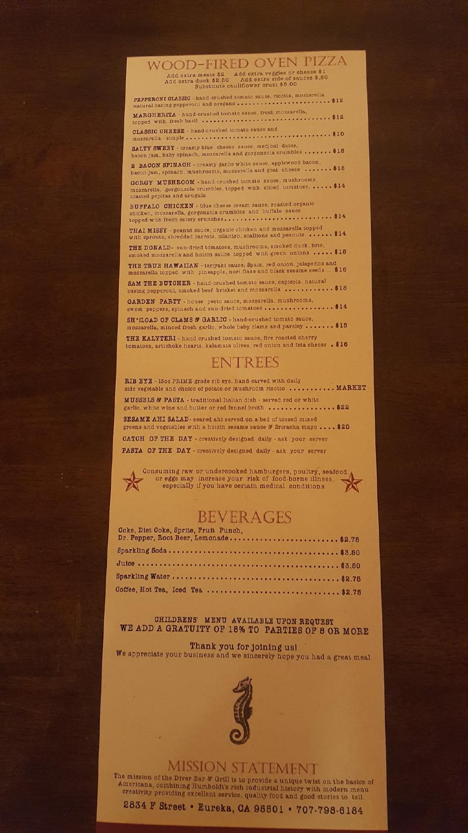 Menu at The Diver Bar & Grill, Eureka