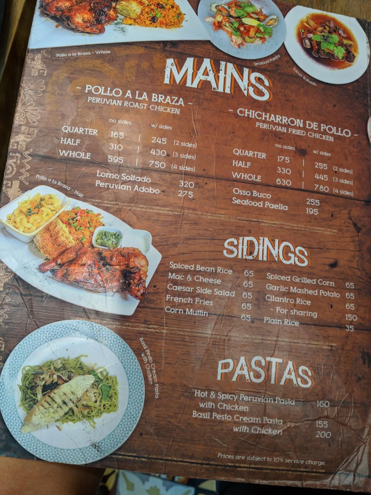 Menu at Chikos restaurant, Pasay