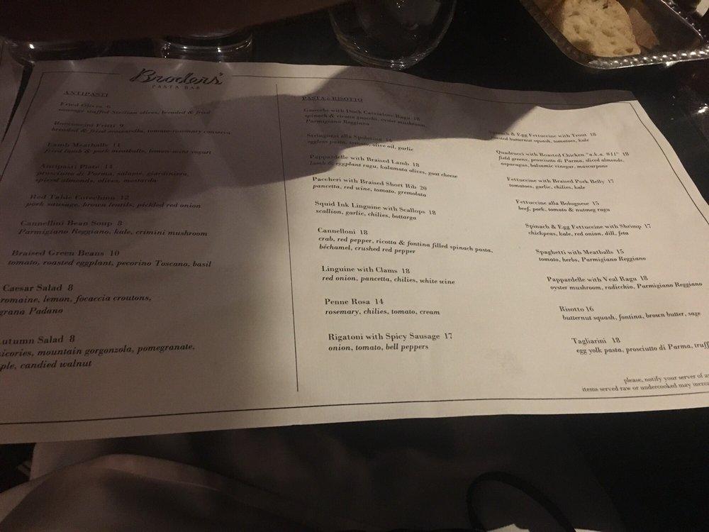Menu at Broders' Pasta Bar, Minneapolis