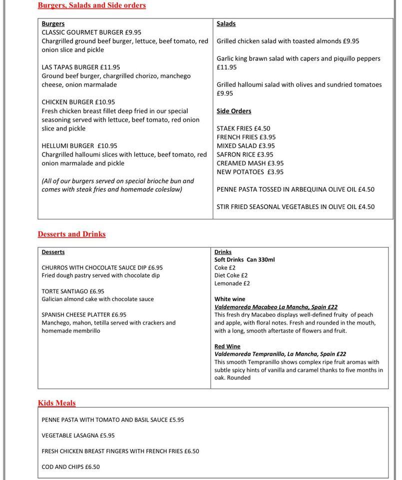 Carta del restaurante Las Tapas, Brentwood