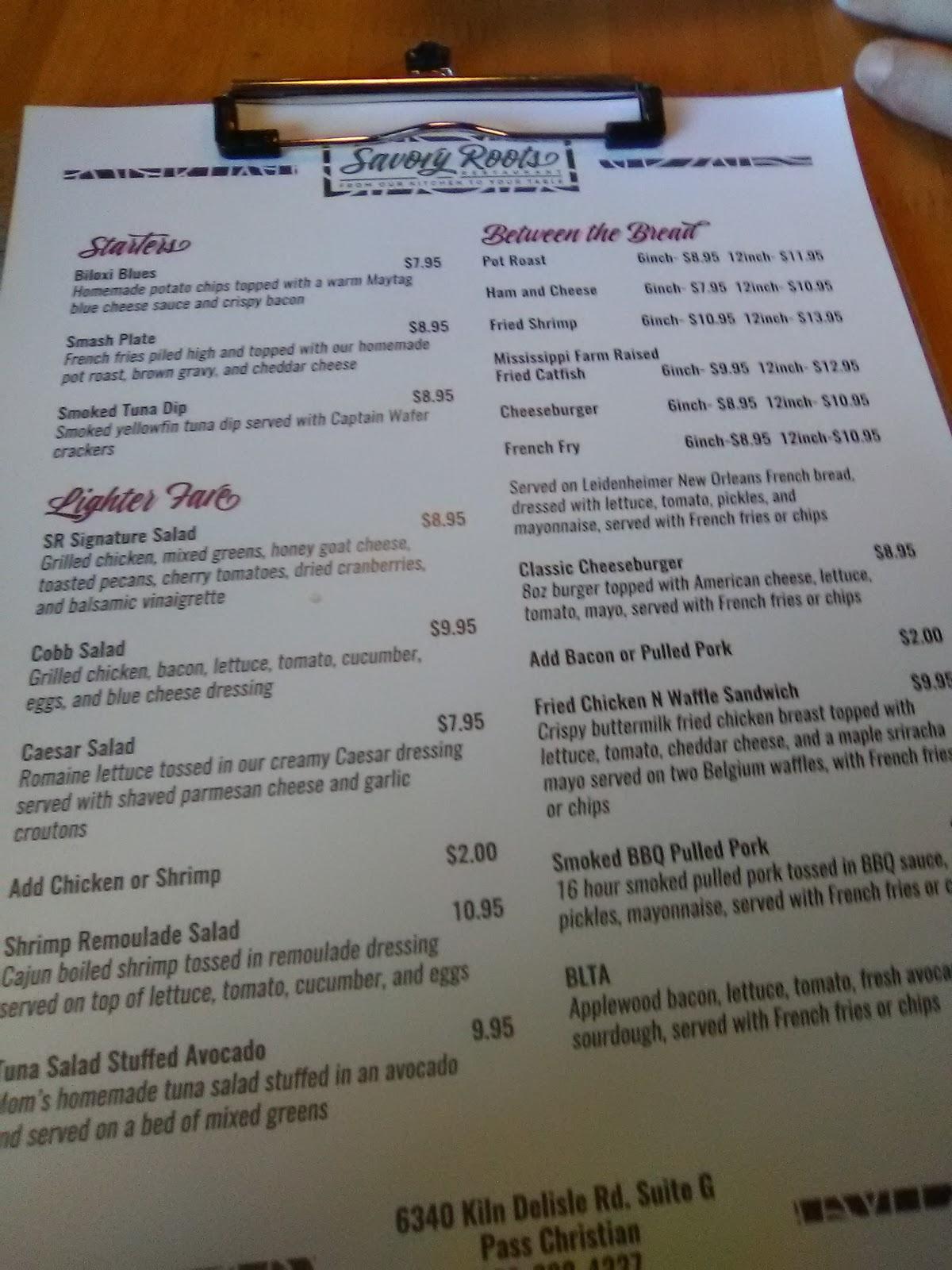 Menu at Savory Roots restaurant, Pass Christian