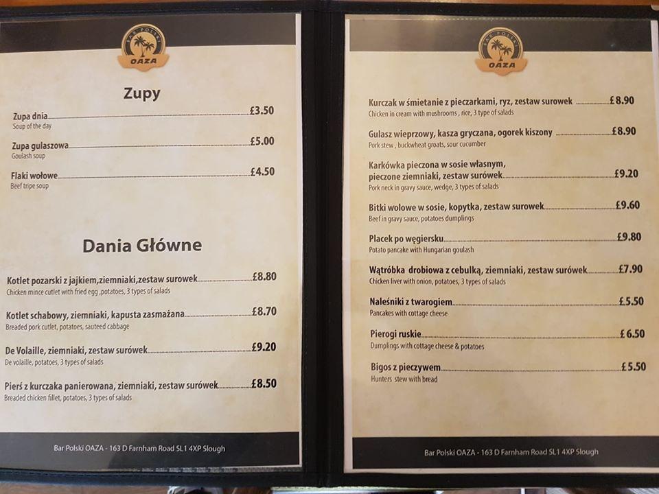 Menu at Bar Polski Oaza, Slough