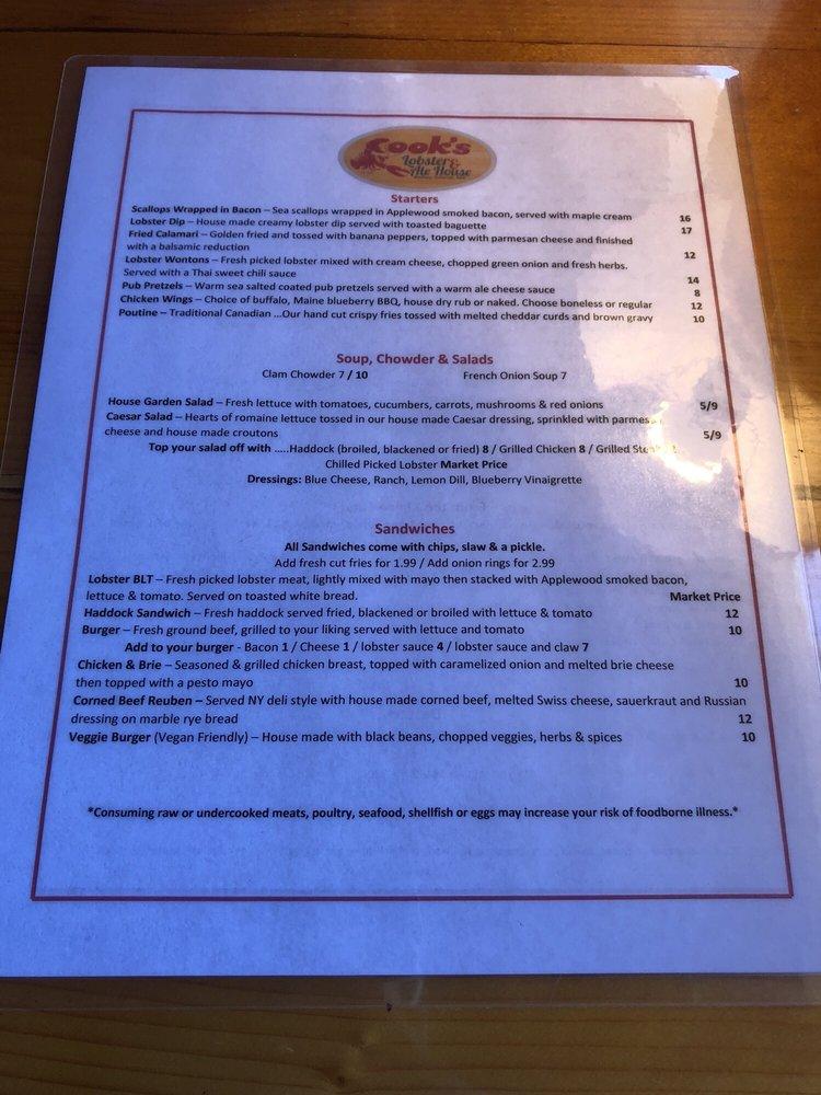 Menu at Cook's Lobster & Ale House steakhouse, Harpswell