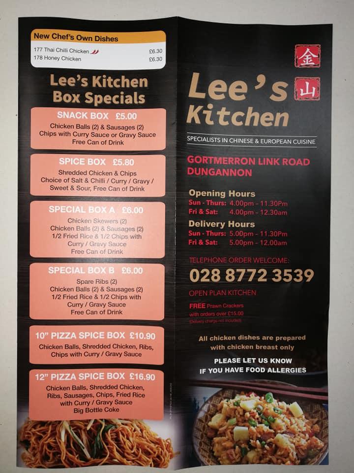 Menu at Lee's Kitchen restaurant, Dungannon