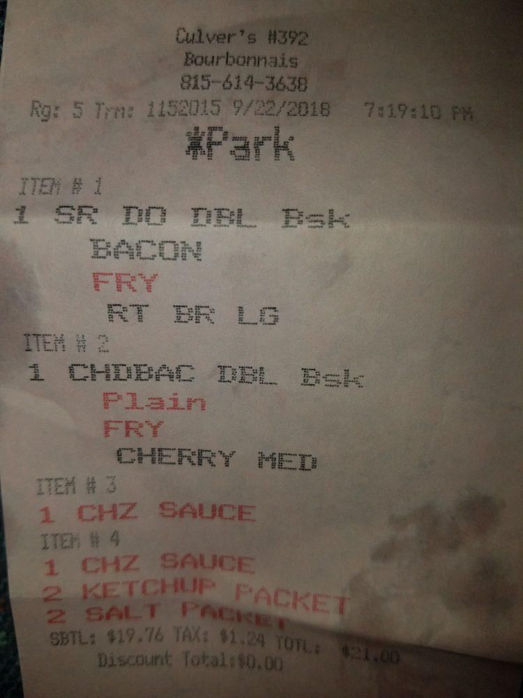 Menu at Culver’s fast food, Bourbonnais
