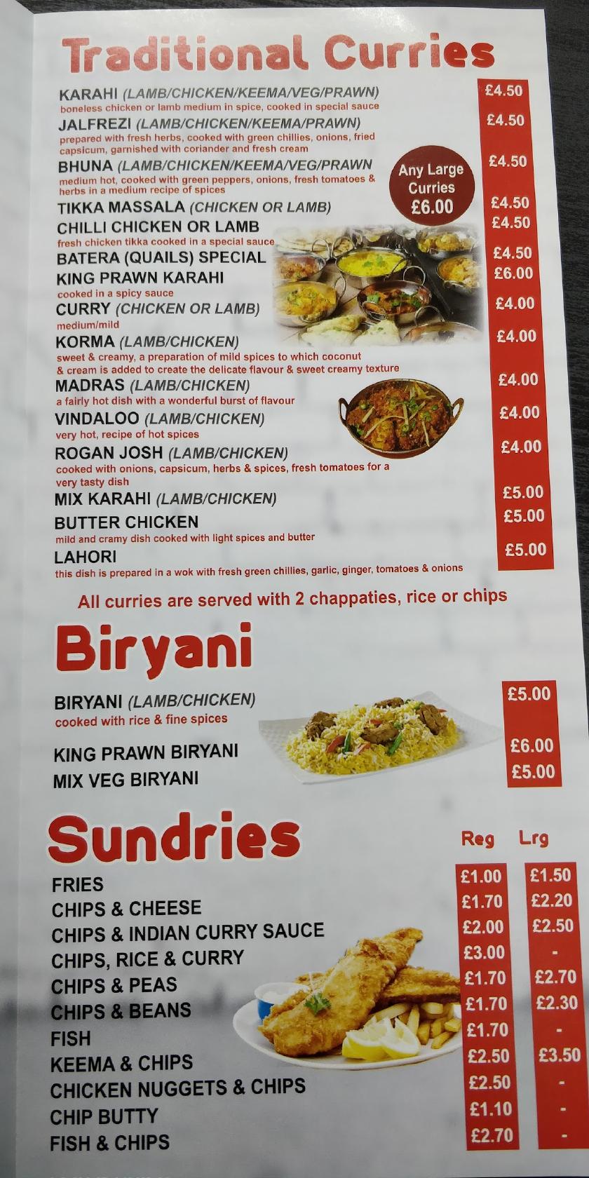 Menu at Hussains Tandoori restaurant, Blackburn