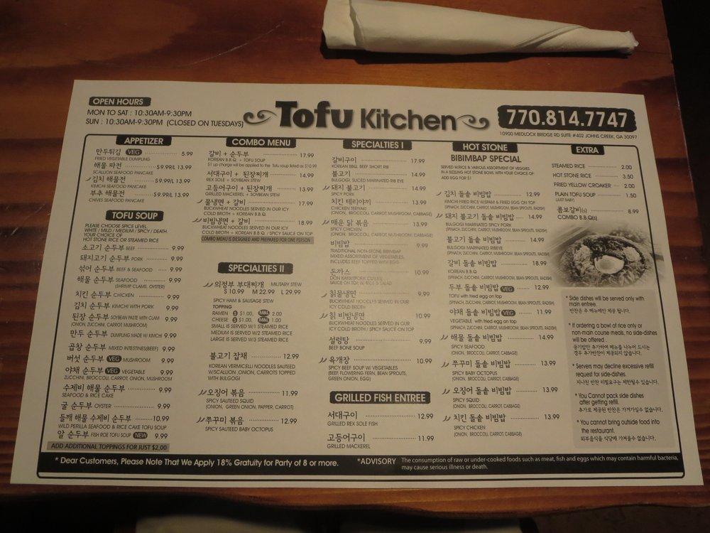 Menu at Tofu Kitchen restaurant, Johns Creek