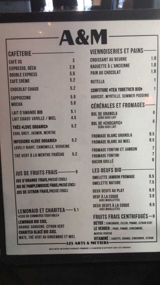 Menu at Café des Arts et Métiers, Paris