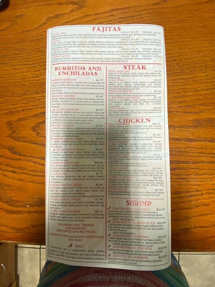 Menu at El Sol Méxican Restaurant, Pine Bluff