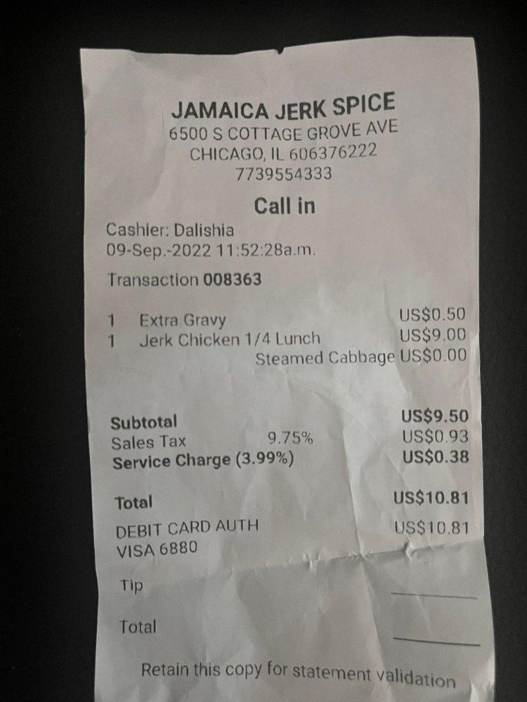 Menu at Jamaican Jerk Spice restaurant, Chicago, S Cottage Grove Ave