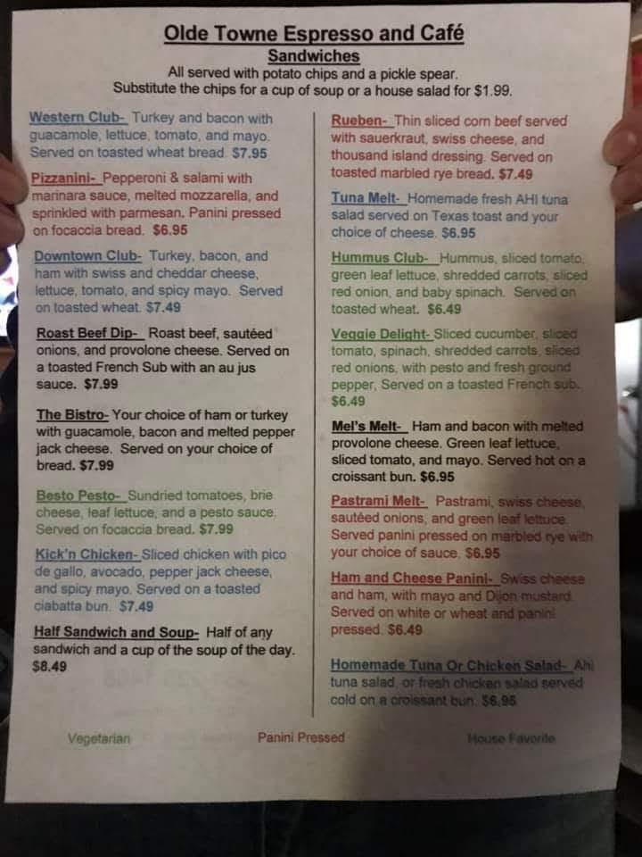 Menu at Olde Towne Espresso & Cafe, Aransas Pass