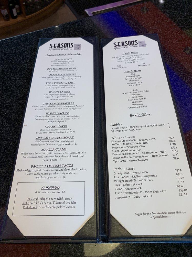 Menu at Seasons of Coeur d'Alene pub & bar, Coeur d'Alene