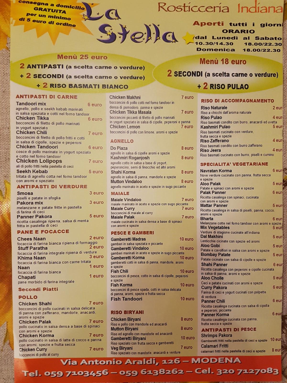 Menu da La Stella ristorante, Modena, Via Antonio Araldi