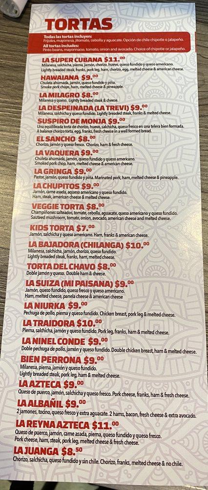 Menu at La Reyna Azteca restaurant, Denver