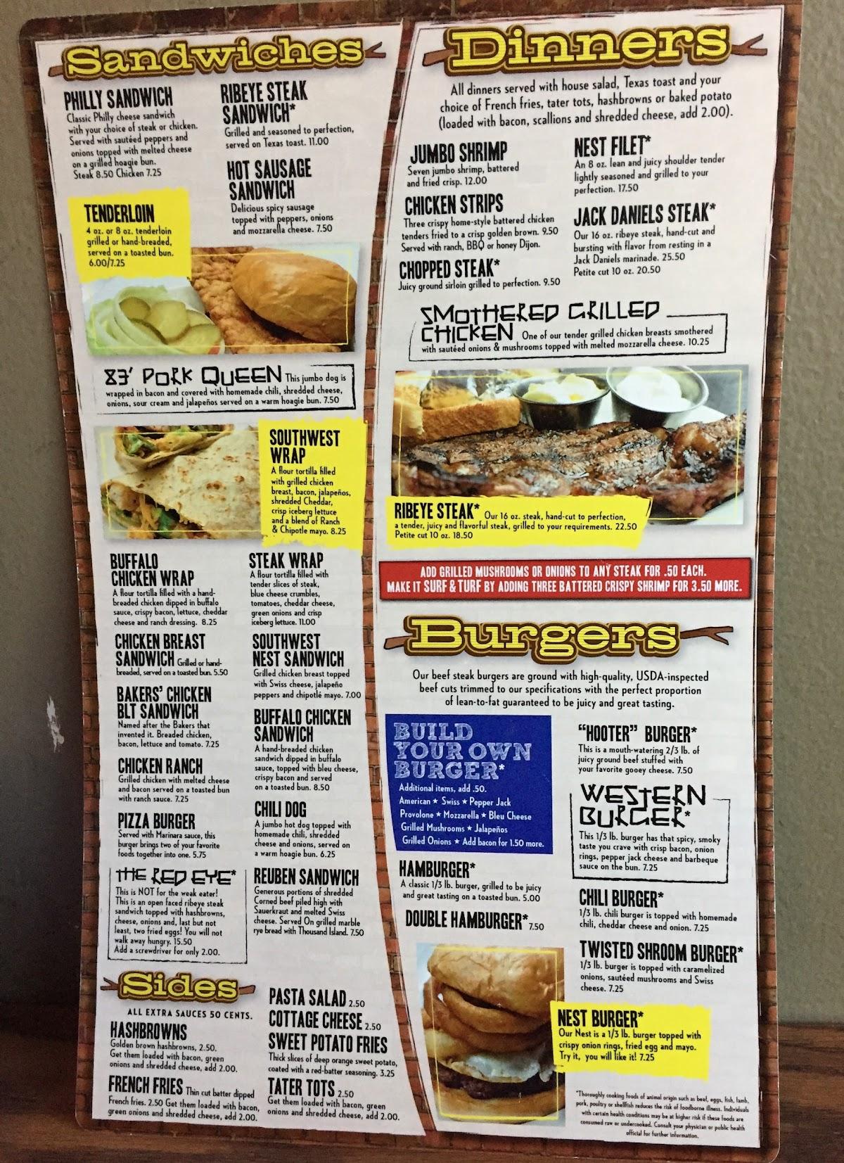 Menu at Owl's Nest Panora, IA pub & bar, Panora