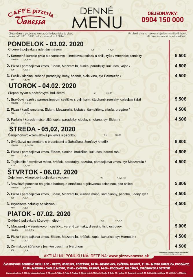 Menu at Vanessa restaurant, Čadca