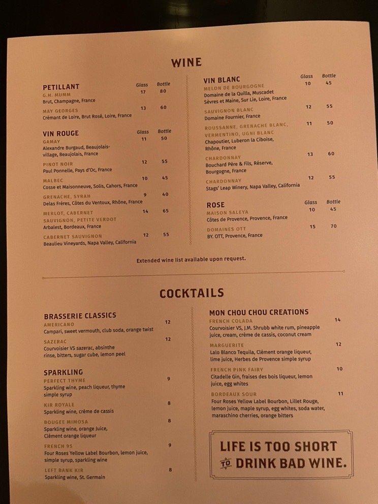 Menu at Brasserie Mon Chou Chou restaurant, San Antonio