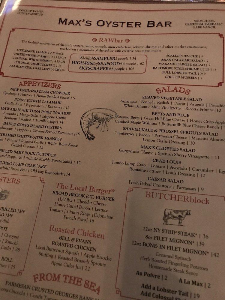 Menu at Max's Oyster Bar, West Hartford